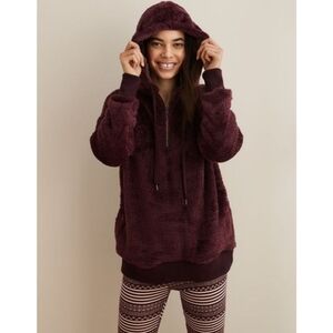 Aerie Faux Fur Plush Plum Purple 1/4 Zip Teddy Hoodie